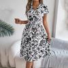 Women Summer V Neck Knee Length Pleated Print Belt Fashion Dress