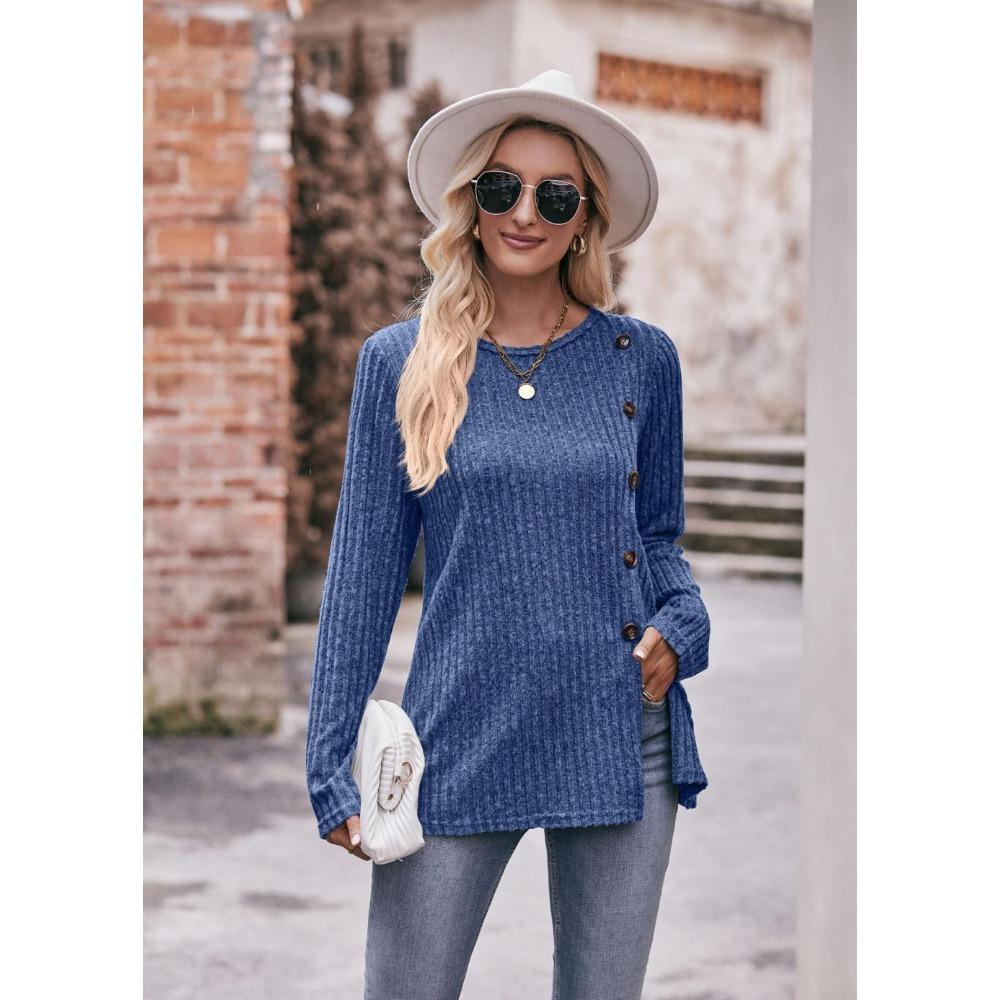 Women's Autumn Button Fashion Solid Color Long-sleeved T-shirt