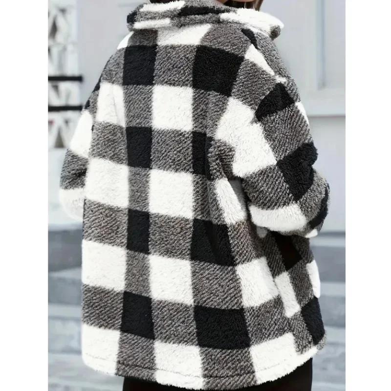 Jachete de damă carouri groase de pluș cu buzunar cardigan jachetă cu nasturi toamnă iarnă rever jachetă cu piept simplu îmbrăcăminte exterioară de modă