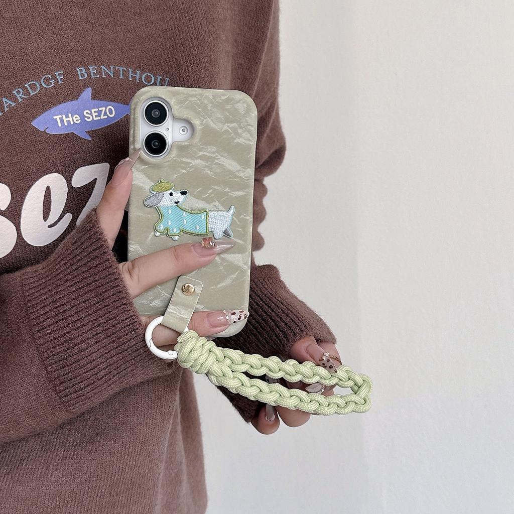For iPhone 16 Plus Case Cute Pattern Soft PU+PC Phone Back Cover with Braided Handy Strap