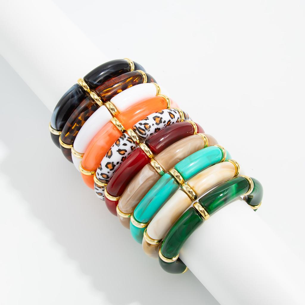 Vintage Stackable Acrylic Bracelets for Women Bohemian Round Retro Tube Beaded Bracelet Bangles Leopard Resin Elastic Bangle  Jewelry Gift