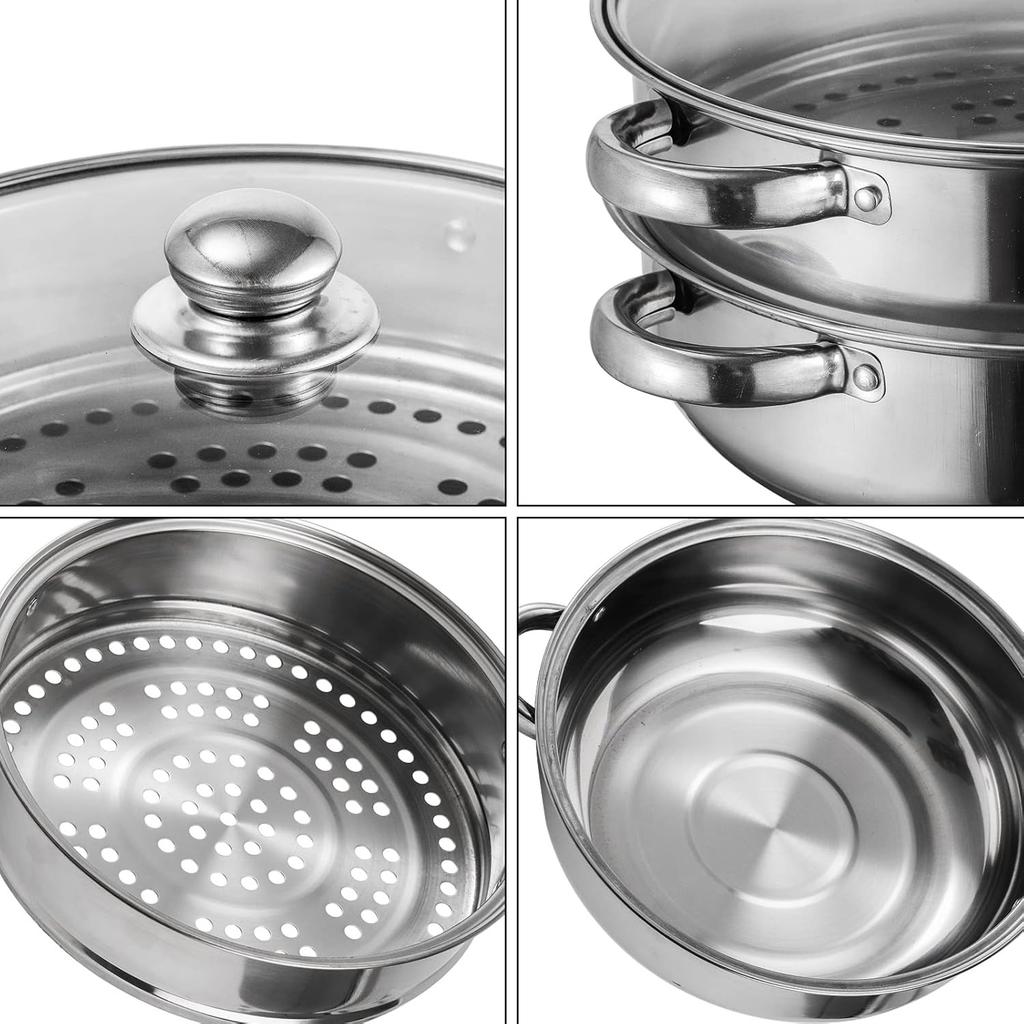 Steamer Pot With Lid 2 Tier, Multipurpose Stainless Steel Steaming Pot, Steam Pots With Handle For Vegetable, Dumpling, Food, 11 Inch