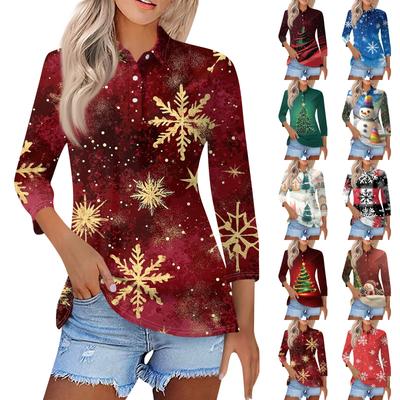 Women's Fashion Casual Lapel 3/4 Sleeve Print Shirt Women's Button Up Tops