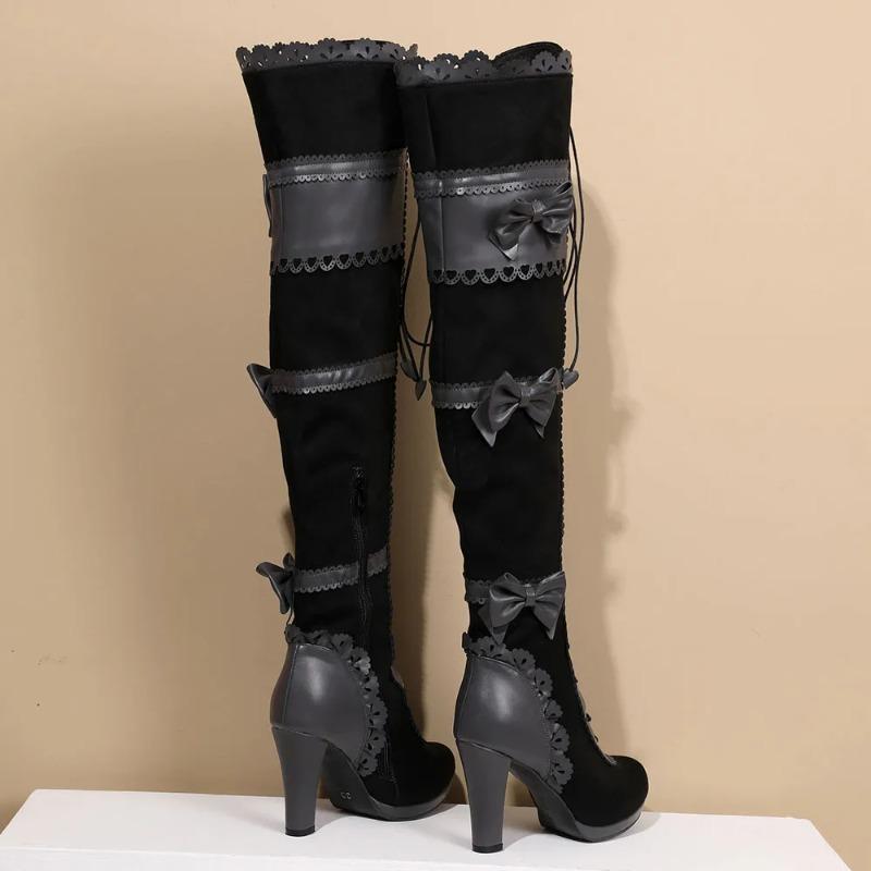 Fashion 2025 Big Size 43 Women's Black Goth Over knee Boots Lace Up Retro Gothic Black High Heels Boots Vampire witch Cosplay Shoes Bow