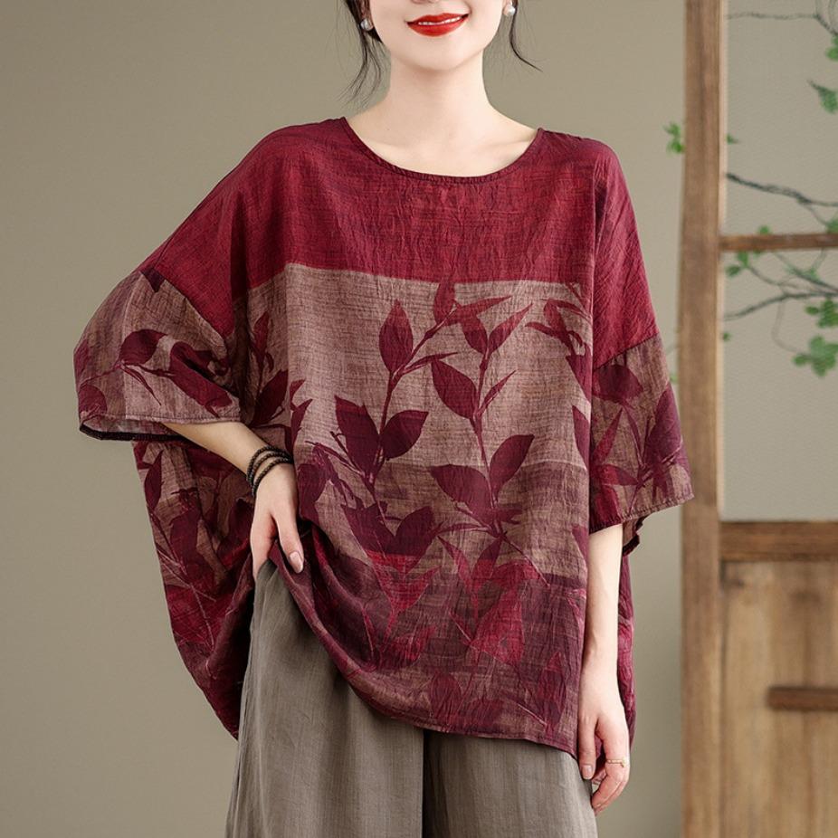 

Летняя блузка из конопляного хлопка в этническом стиле с рукавами «летучая мышь», свободная футболка большого размера с круглым вырезом, повседневная, удобная для женщин one size