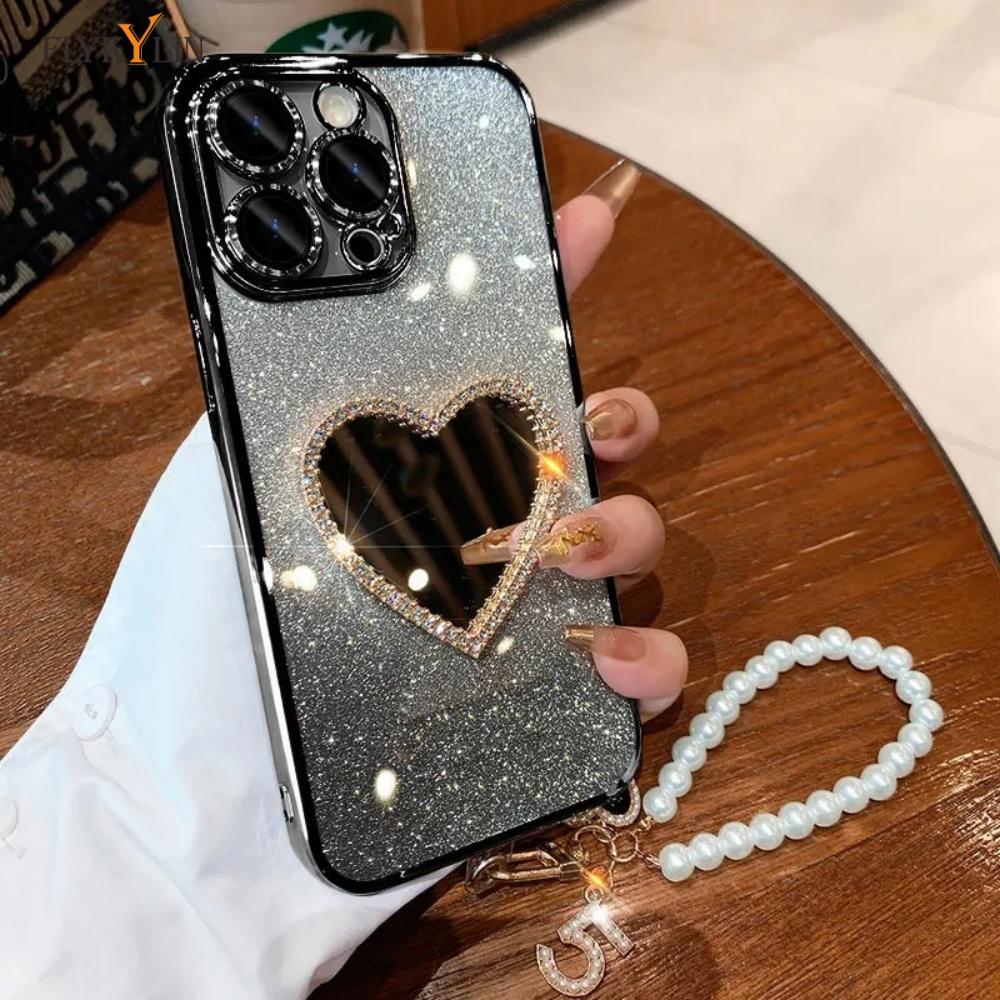 

Роскошный чехол для телефона с зеркалом любви и бриллиантами для Xiaomi POCO C65 C75 X7 X6 X5 X3 NFC F4 F3 F6 M6 Pro с подвесным шнурком и жемчужным сердечком For POCO C65