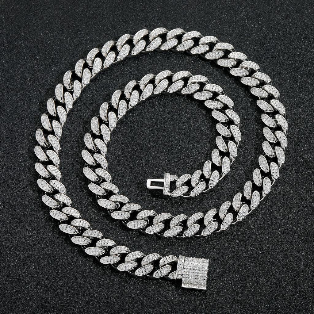BES 12mm Wide Cuban Link Chain Bracelet Necklace Hip Hop Personality Trend Hip Hop Brass Zircon Miami Cuban Chain Jewelry