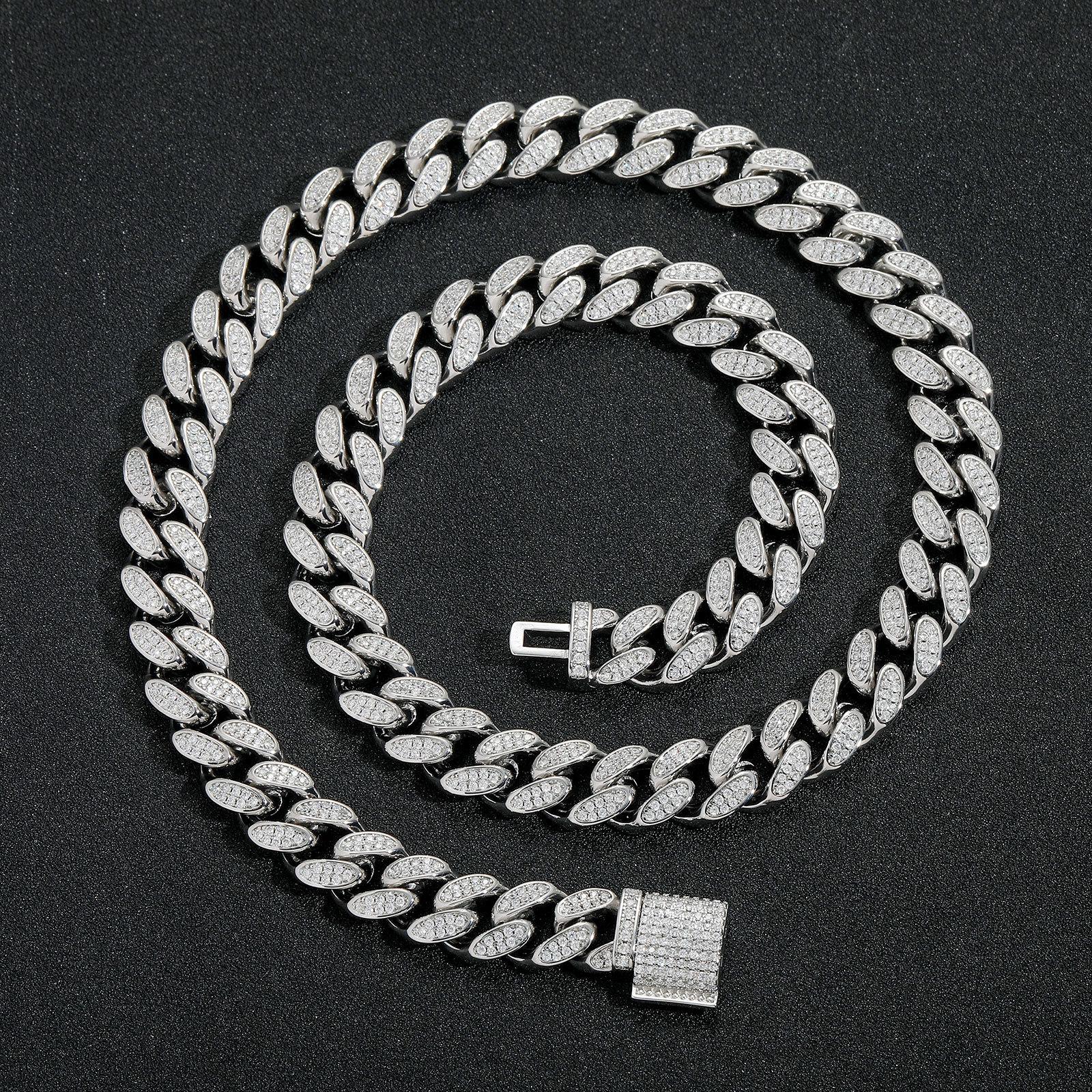 BES 12mm Wide Cuban Link Chain Bracelet Necklace Hip Hop Personality Trend Hip Hop Brass Zircon Miami Cuban Chain Jewelry 16inch(40.64cm) серебряный