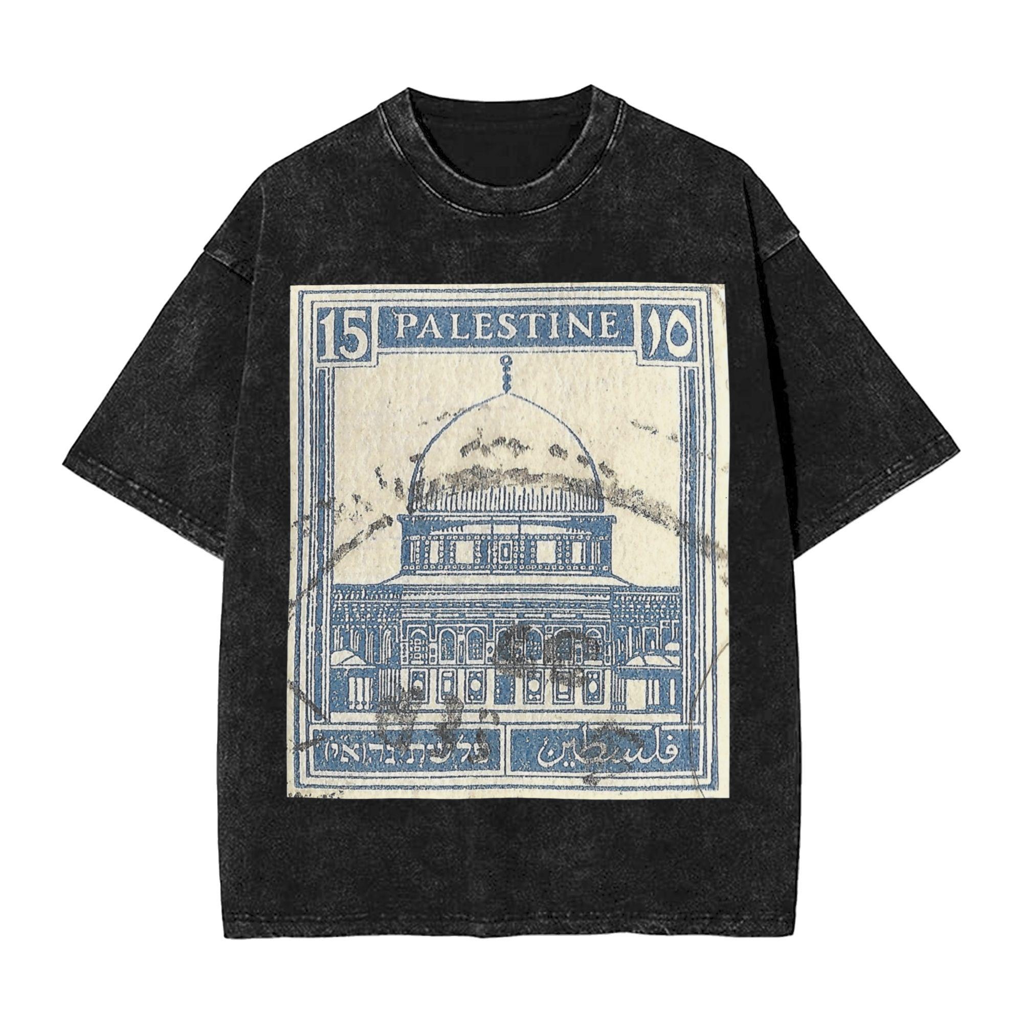 

Fashion Palestine Stamp 1920s T-Shirt Men O Neck Pure Cotton Washed T Shirt Short Sleeve Tees Unique Tops 3XL