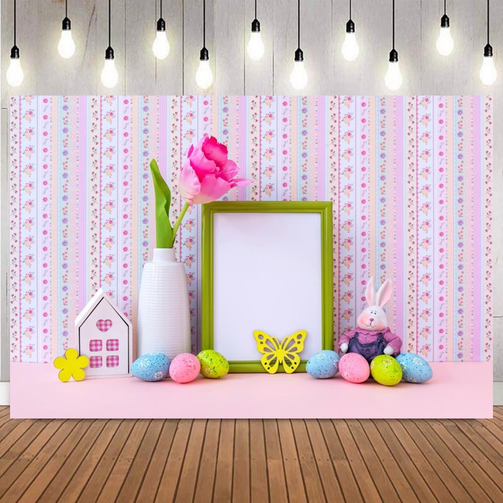 Easter Pink Photography Background Colorful Painted Eggs Floral Wooden Kids Party Portrait Decoration Photo Backdrop Studio Prop6
