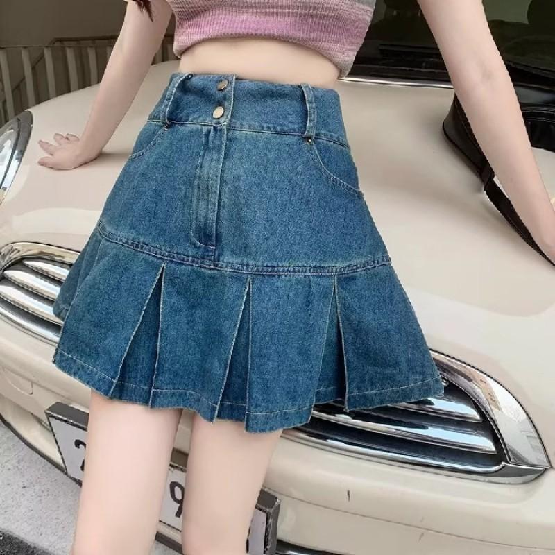 High Waist Pleated Denim Skirt Women A-Line Mini Tummy Control Slimming Fit Pear Shape