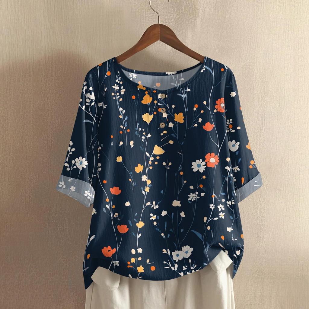 Camicia alla moda e casual da donna a maniche corte con scollo rotondo e stampa, blusa top in cotone e lino