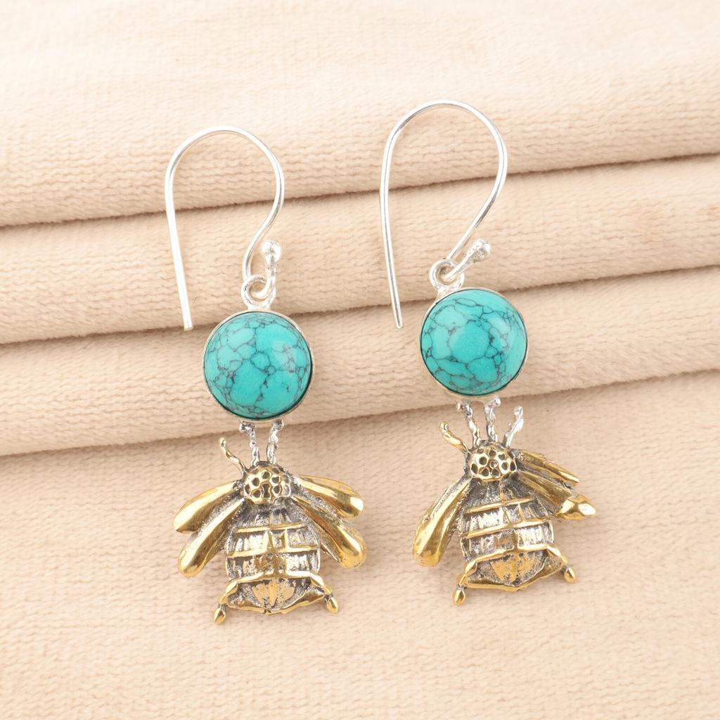 Natural Blue Turquoise Gemstone 925 Sterling Silver Unique Handmade Earrings 2" EE-154-32