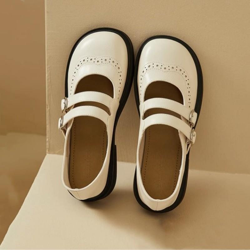 Uniform Women's British Flat Retro Double Buckle Soft Side Mary Jane Shoes Spring and Autumn Niche Carved for Walking Style
