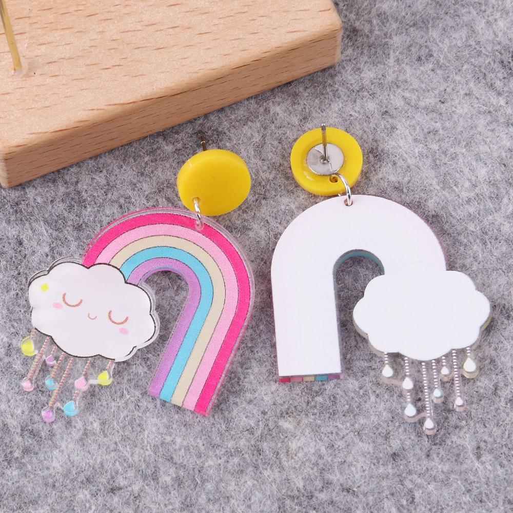 Cute Cartoon Clouds Rainbow Raindrop Acrylic Earrings for Women Creative Colorful White Cloud Lightning Moon Rain Transparent Dr