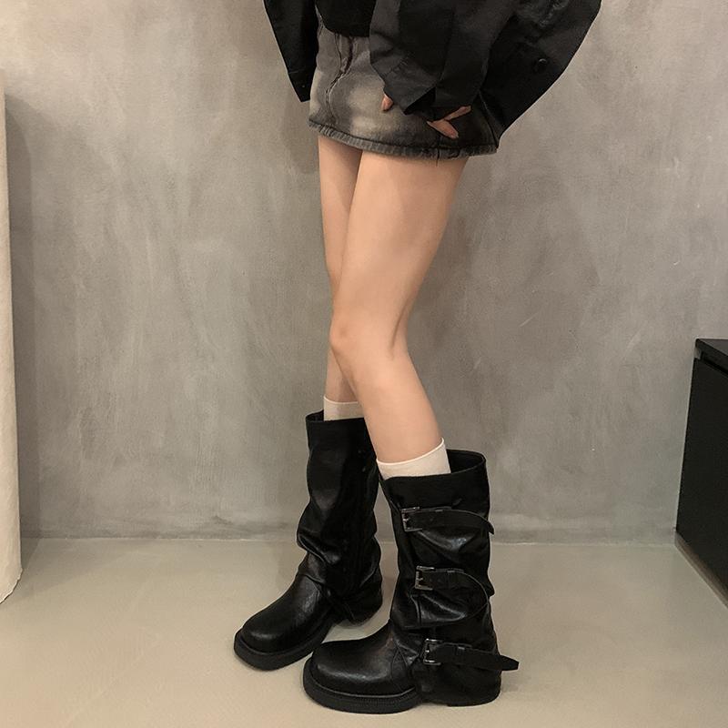 Belt Buckle Long Knee-High Women Boots Fashion Platform Heels Shoes Autumn Winter Slip On Party Botas Mujer