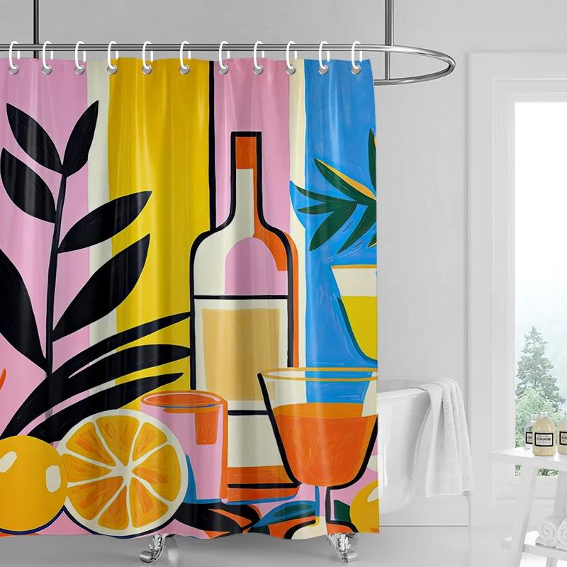 Абстрактное Винное Искусство Шторка для Душа Цветной Геометрический Декор для Ванной Комнаты с Фруктовыми Мотивами, Водонепроницаемый Современный Поп-Арт Дизайн для Дома W90xH180cm