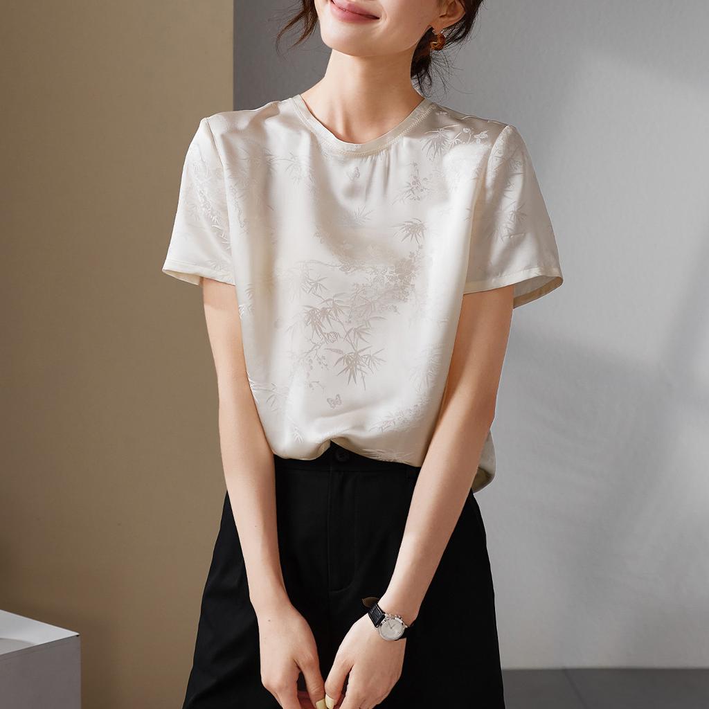 National Style New Chinese Jacquard Mulberry Silk Shirt for Women