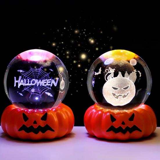 Halloween Crystal Ball Night Light for Kids 3D Pumpkin Crystal Ball LED Night Light with Resin Base Halloween Pumpkin Globes Lamp for Indoor