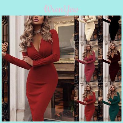 Women Neck V Long Sleeve Bodycon Sexy Dress Ladies Casual Evening Clubwear Party