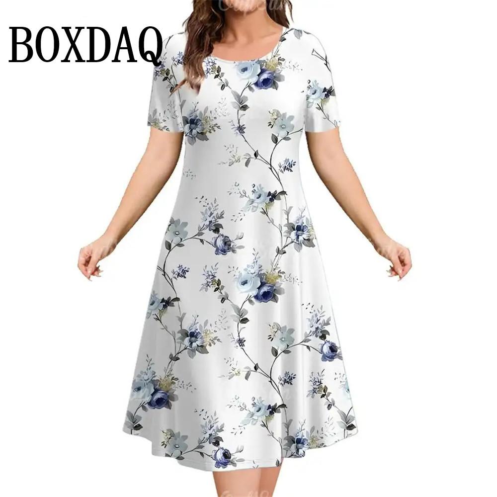 Summer Women's Dress Fashion Floral Pattern Short Sleeve Dresses Loose Plus Size Casual Round Neck Print Clothing Elegant Dress