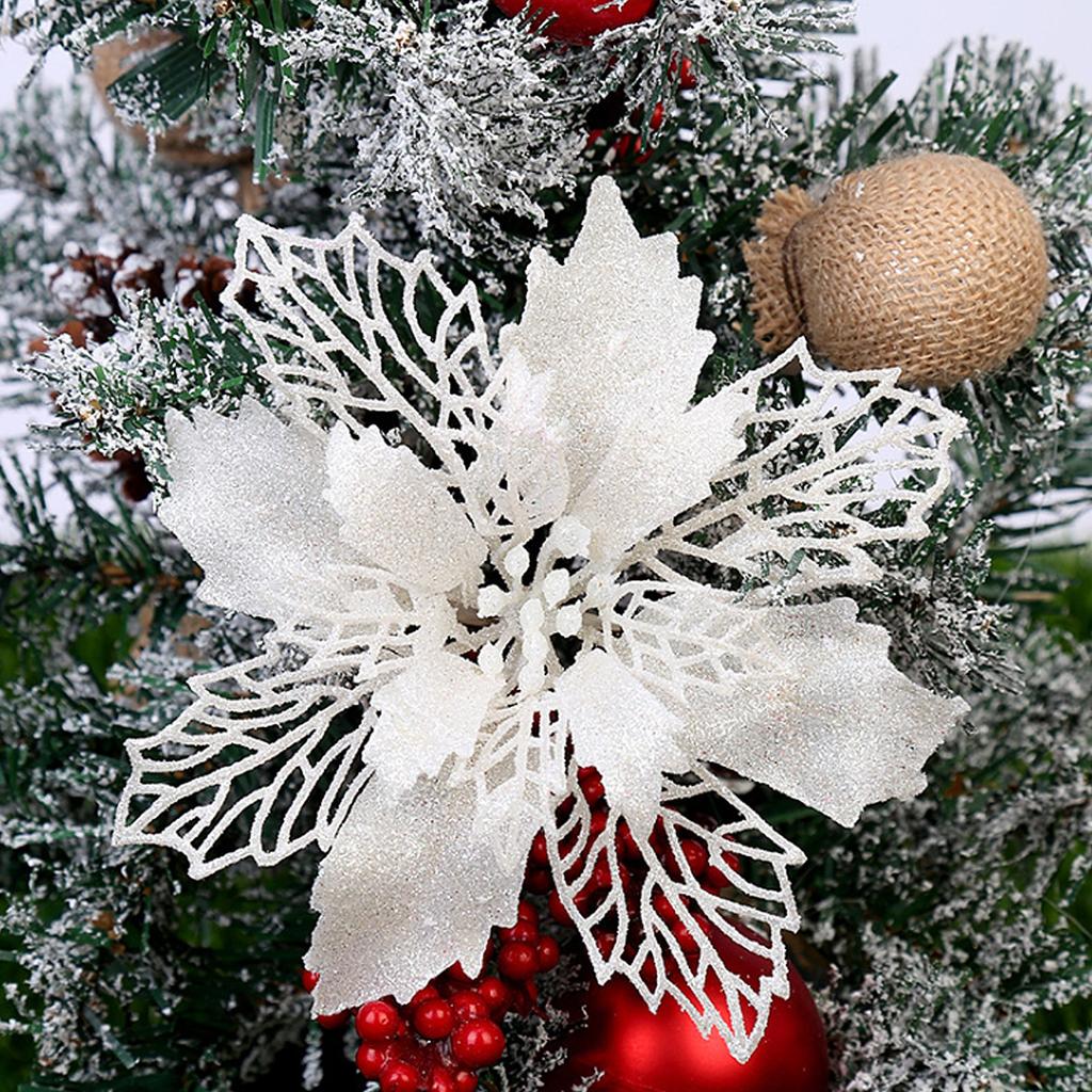 10Pcs Glitter Poinsettia 9cm Artificial Flowers Christmas for Wedding Party Wreath Decoration Black