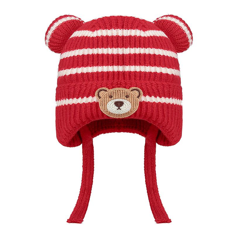 Children's Winter Earflap Hat - Striped Woolen Bear Design for Boys and Girls