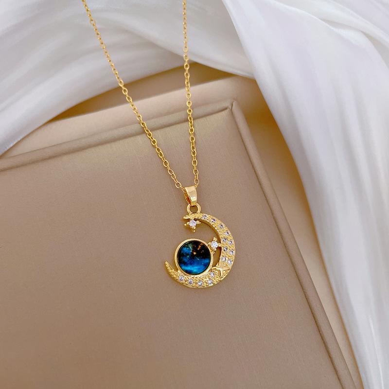Star Moon Starry Sky Light Luxury Temperament Gorgeous Full Diamond Necklace Female Versatile Clavicle Chain Titanium Steel Chain