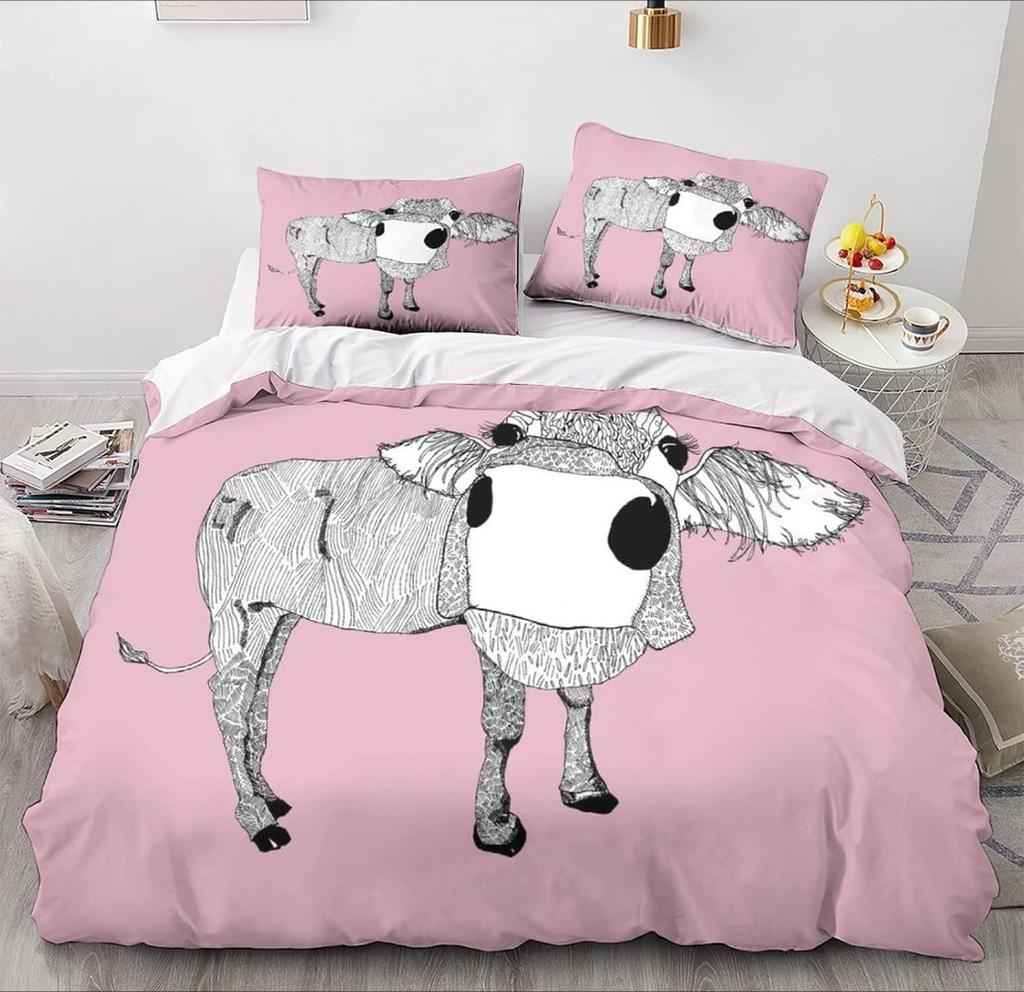Cartoon Cow Motif,Microfibre Bedding Sets, Children's Bed Linen with Zip Room Decor  Duvet Cover  for Teenagers  Adult 3-Piece