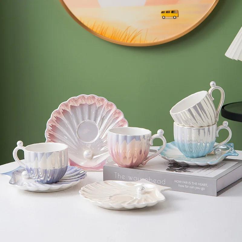 Ins Farbverlauf Perle Shell Keramik Tasse Nachmittag Tee Tassen und Teller Exquisite Keramik Kaffee Tasse Hause Teetassen Dessert Gericht