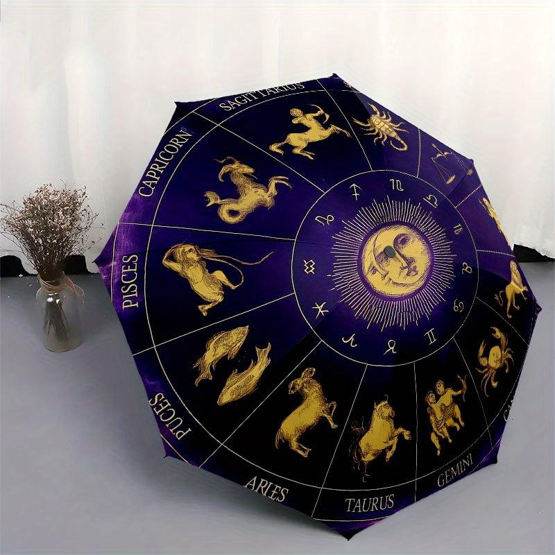 Zodiac Horoscope Astrology Wheel Decor Umbrella, Portable 3-Fold Compact Umbrella for Men & Women R127