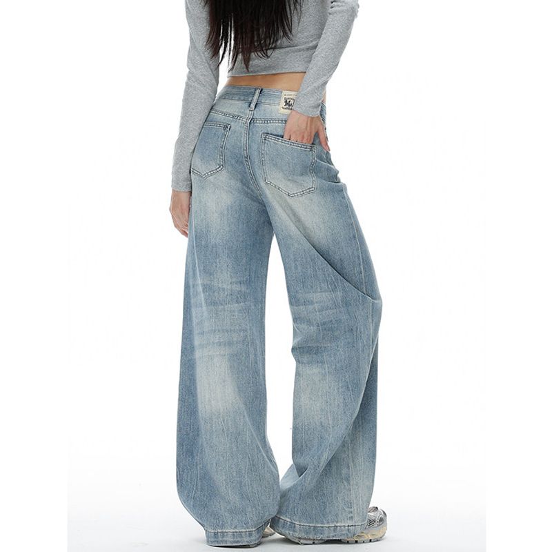 

Plus-Size Vintage Wide-Leg Jeans for Women, Summer New High-Waisted Slimming Drape Loose Straight Pants for Plus-Size Women, Floor-Length Pants Blue [Trousers] M