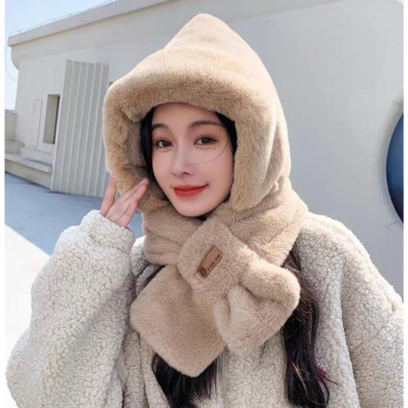 

Scarf hat integrated autumn and winter warm plush thickened imitation rabbit hair cute ear protection hat cold scarf hooded One size хаки