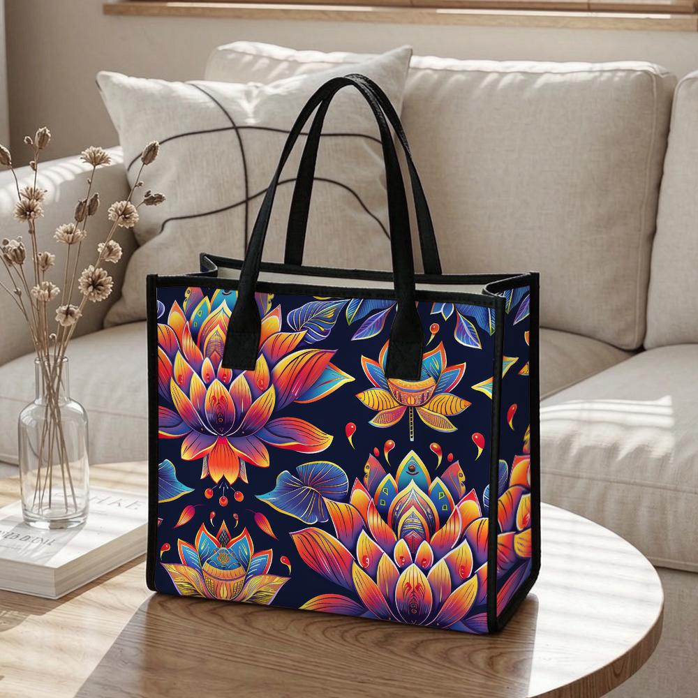 Vibrant Lotus Print Tote Bag Casual Daily Use Large Capacity Handbag for Shopping Travel