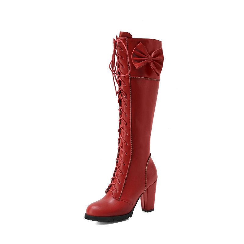 Fashion Girls Lolita Knee High Boots Female Chunky Heel Winter Shoes Lace Up Bow Japanese JK Uniform Cosplay Princess Party Shoe