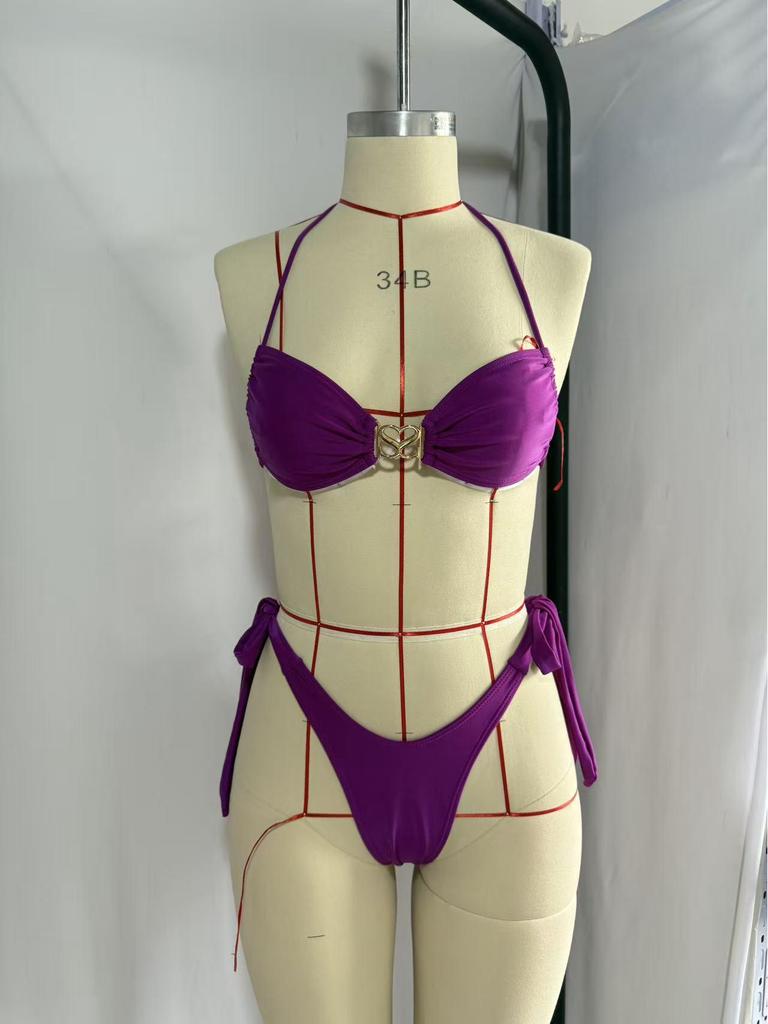 2026 European & American Sexy Lace-up Solid Color Two-Piece Bikini Swimsuit for Women