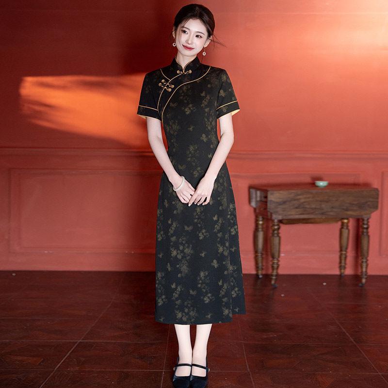 Black Skinny Mom Wear New Chinese Aodai Improved Cheongsam 1011 New Women's Retro Short Sleeve Dress Summer
