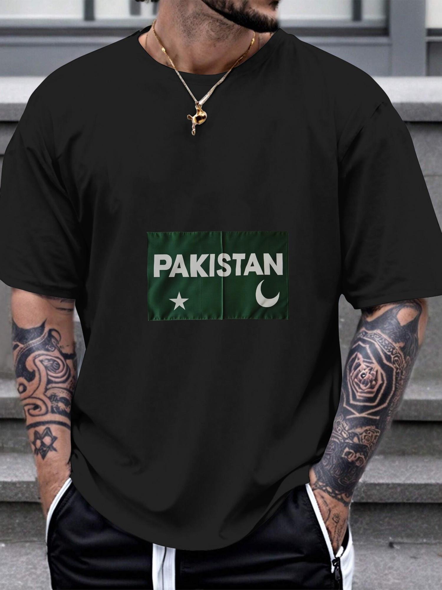 1pc Pakistan Flag Graphic Black T-shirt - 180g Cotton Crew Neck Short Sleeve L