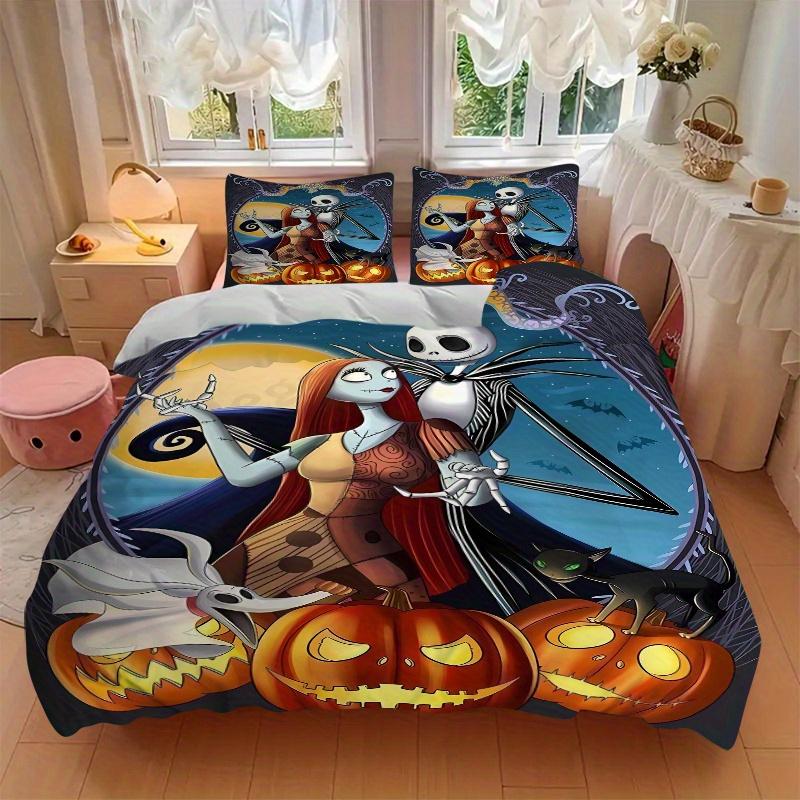 3pcs Halloween Jack And Sally Bedding Set Includes 1 Quilt Cover and 2 Pillowcases, Comfortable Bedding F038