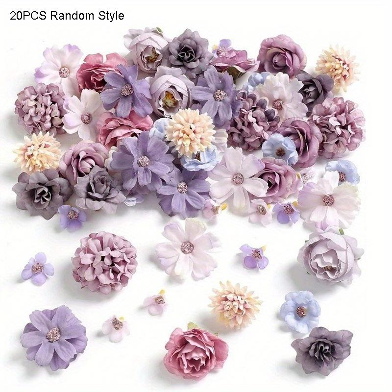 20 Pcs Flower Heads, Mini Artificial Flowers, Green, Purple, Pink, Wedding Bridal Headpieces, Flowers