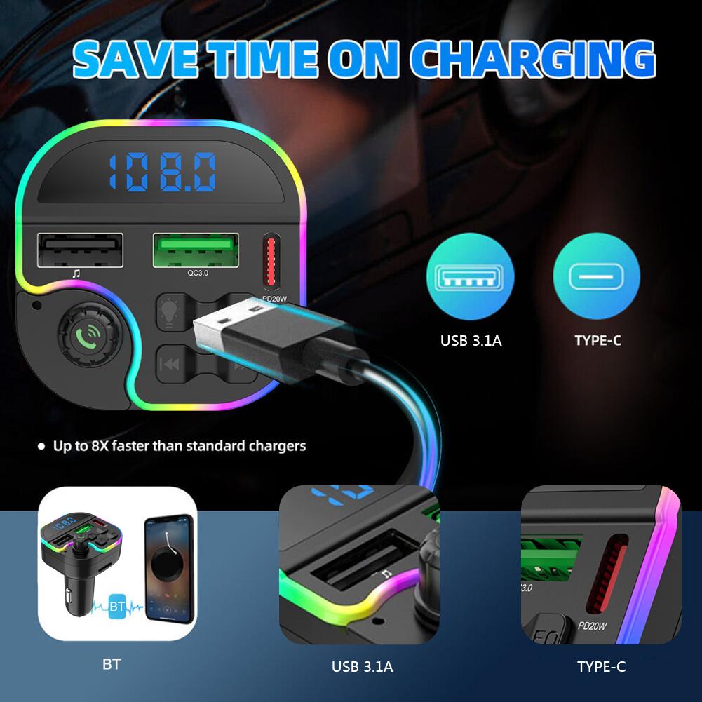 Car Bluetooth 5.0 FM Transmitter Handsfree Car Kit With PD 30W Type-C Dual USB 3.4A Fast Charger Ambient Light Cigarette lighter