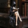 Fantasy Character Book Holder Gothic Reader Statue, Hooded Skeleton Resin Figurine, Sitting Statue for Bookshelf, Desk Decor Home Library Study, Dark