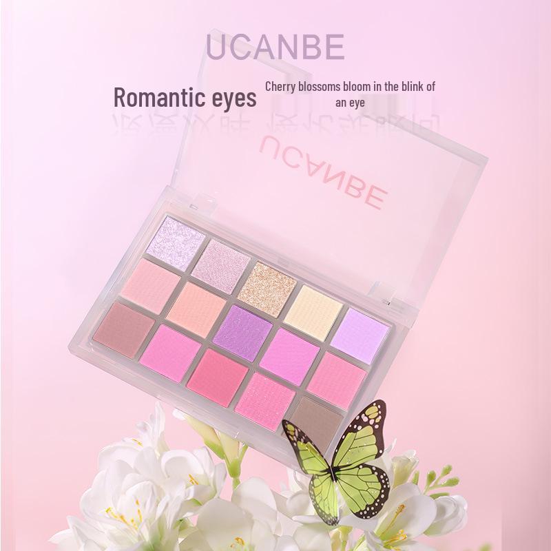 UCANBE Ice Mist 15-Color Eyeshadow Palette: Brightening Pearlescent & Matte, Waterproof, Purple-Pink Tones, Portable.