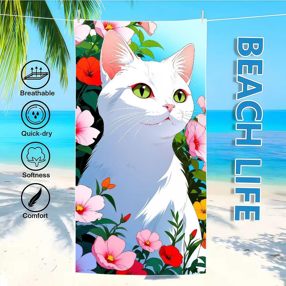 

Towel Textile Flowers Bathrobe Beach Cat Surrounded Quick-Drying Adorable Lightweight Portable White Camping Swim Pool Travel W40*H60(CM)