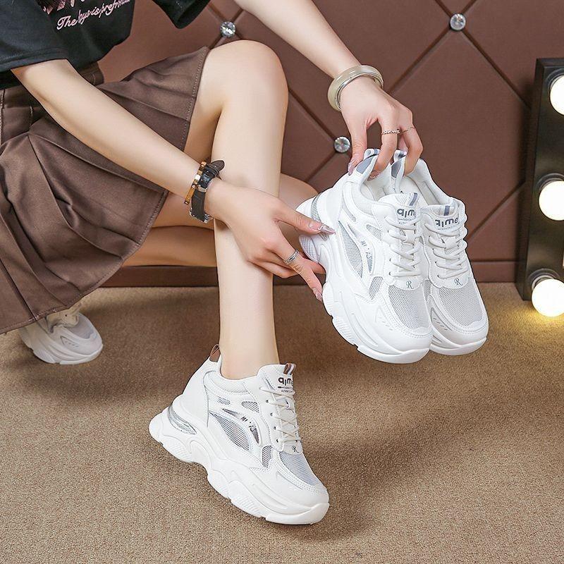 Autumn new versatile little white shoes inner height increase mesh breathable sports shoes women's thick-soled casual dad shoes women