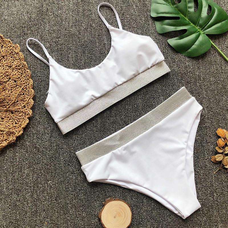 Sexy Twopiece High Waist Bikini Swimsuit Lady Beach Color Sequins Solid