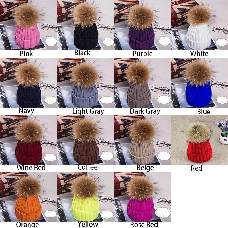 Real Winter New Raccoon Fur Hats Pom Pon Women Lady Knit Beanie Bobble Cap