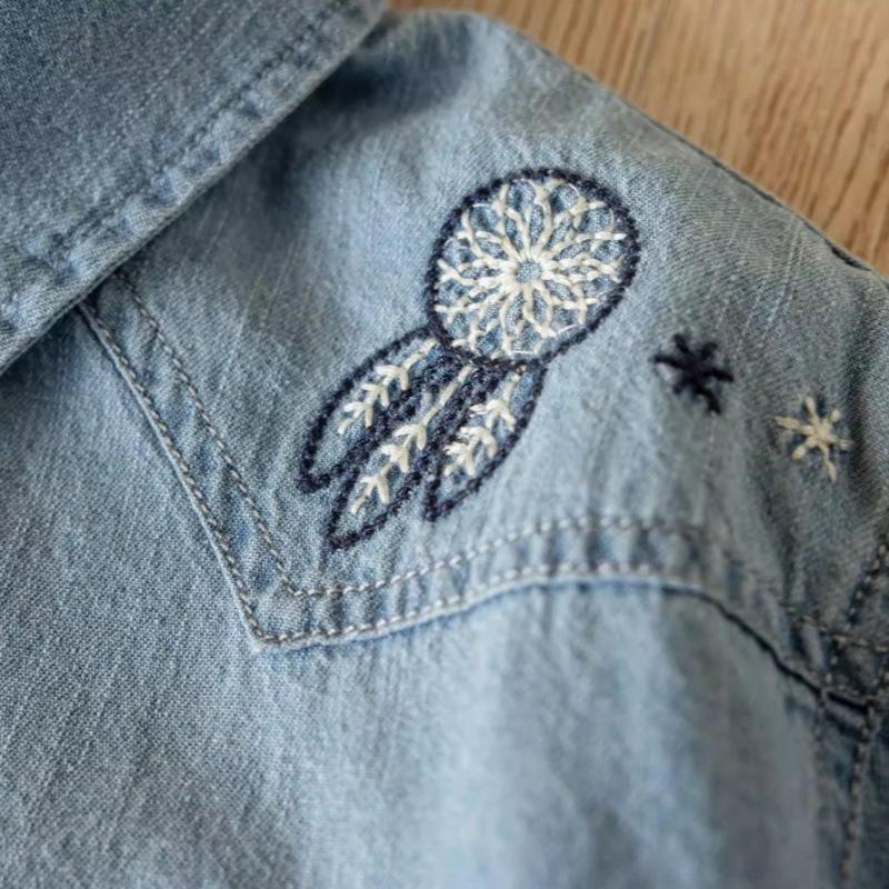Spring 2026 Women's Retro Distressed Denim Shirt with Heavy Embroidery and Lapel