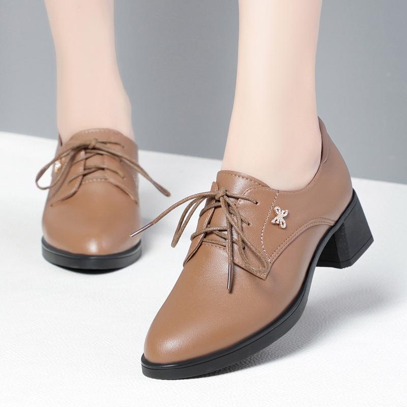 Women's Black Leather Mid-heel Lace-up Work Shoes with A Chunky Heel and Soft Leather Comfortable Single Shoes