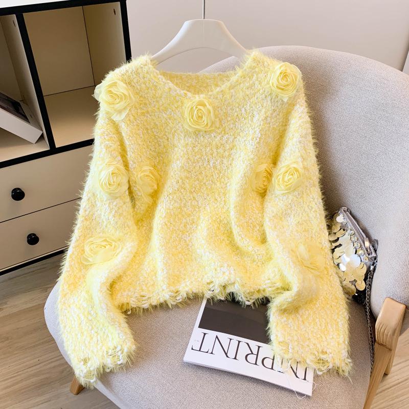 Women's Sweet Pink 3D Flower Sweater, Gentle Spring/Autumn Knit Base Layer